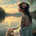 A serene Sona with vine and flower tattoos, sitting by a serene lake at dawn, with her music notes creating ripples in the water.