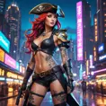 Miss Fortune from League of Legends, her body covered in tattoos that tell the story of her adventures, wearing a sleek, modernized pirate outfit, standing in a futuristic cityscape with neon lights reflecting off her pistols, cyberpunk style, ultra-detailed, 8K resolution