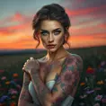 Katarina, a striking woman with mesmerizing blue eyes, adorned with intricate floral tattoos that cascade down her arms like blooming vines, standing amidst a field of vibrant wildflowers under a twilight sky.