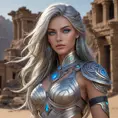 Sivir, the mercenary with striking blue eyes and flowing silver hair, adorned with intricate tribal tattoos that glow faintly in the moonlight, standing confidently in a desert landscape with a backdrop of ancient ruins.