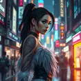 Sona, in a futuristic, cyber-leathered outfit with digital, animated tattoos that sync with her music, walking down a bustling, neon-lit street of a futuristic city, her eyes serene and focused as she navigates the crowd.