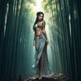 Sona, adorned with intricate, mandala-inspired tattoos that wrap around her legs and torso, dressed in a traditional, Ionian-style outfit with a flowing skirt, standing in a serene, bamboo forest with sunlight filtering through the leaves.