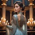 Sona, the silent enchantress, with elegant, musical-themed tattoos that cover her arms and back, wearing a flowing, ethereal gown with a high collar, standing in a grand, candlelit concert hall with her etwahl in hand.