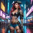 Miss Fortune from League of Legends, her body covered in tattoos that tell the story of her adventures, wearing a sleek, modernized pirate outfit, standing in a futuristic cityscape with neon lights reflecting off her pistols, cyberpunk style, ultra-detailed, 8K resolution