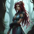 Fiora from League of Legends with dragon tattoos winding around her arms and chest, standing in a misty forest with ancient trees towering around her, her presence exuding strength and grace.