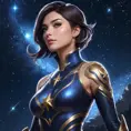 Fiora from League of Legends with celestial tattoos of stars and constellations on her shoulders and neck, standing under a night sky filled with swirling galaxies, her eyes reflecting the cosmic light.