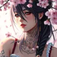 A close-up of Tifa Lockhart with delicate, watercolor-style tattoos on her face and neck, set against a soft, dreamy background of floating cherry blossoms.