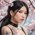 A close-up of Tifa Lockhart with delicate, watercolor-style tattoos on her face and neck, set against a soft, dreamy background of floating cherry blossoms.