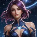 Fiora from League of Legends with celestial tattoos of stars and constellations on her shoulders and neck, standing under a night sky filled with swirling galaxies, her eyes reflecting the cosmic light.