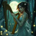 A graceful Sona with musical note tattoos adorning her ethereal skin, playing a luminous harp in a moonlit forest with glowing fireflies.