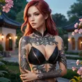 Katarina from League of Legends with delicate, floral tattoos intertwined with serpent motifs, standing in a serene garden at dusk, her beauty and danger equally captivating.