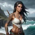 Nidalee, the fierce huntress from The Witcher 3, with striking tattoos that tell the story of her battles and victories, standing atop a cliff overlooking a vast, stormy ocean, her hair blowing in the wind.