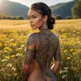 Samira, a striking woman with intricate tribal tattoos adorning her arms and back, stands confidently in a sunlit meadow. Her tattoos glow with a subtle luminescence, blending seamlessly with the vibrant wildflowers that surround her.