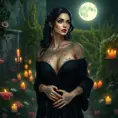 Yennefer with delicate, floral tattoos that intertwine with magical symbols, dressed in a luxurious, velvet robe, standing in a serene garden with floating candles and a full moon overhead, her presence exuding both power and grace.