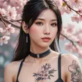 A close-up of Tifa Lockhart with delicate, watercolor-style tattoos on her face and neck, set against a soft, dreamy background of floating cherry blossoms.