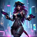 Miss Fortune from League of Legends, her body covered in tattoos that tell the story of her adventures, wearing a sleek, modernized pirate outfit, standing in a futuristic cityscape with neon lights reflecting off her pistols, cyberpunk style, ultra-detailed, 8K resolution