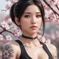 A close-up of Tifa Lockhart with delicate, watercolor-style tattoos on her face and neck, set against a soft, dreamy background of floating cherry blossoms.