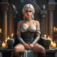 Ciri from The Witcher 3, with elegant floral tattoos intertwined with magical symbols, sitting on a throne made of ancient stone, surrounded by floating candles and glowing crystals, fantasy art style, 8K