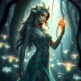 Lux, the radiant mage, adorned with intricate tattoos that glow with arcane energy, standing in a mystical forest with bioluminescent plants casting a soft, ethereal light on her skin.