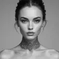 A close-up of Quinn's face, her features delicate yet strong, with tattoos that weave around her neck and jawline, creating a striking contrast against her smooth, porcelain skin, set against a minimalist, monochrome background.