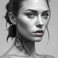 A close-up of Quinn's face, her features delicate yet strong, with tattoos that weave around her neck and jawline, creating a striking contrast against her smooth, porcelain skin, set against a minimalist, monochrome background.