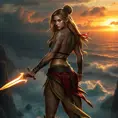 Katarina, a fierce warrior with tribal tattoos covering her muscular arms and back, wielding a glowing sword, standing on a cliff edge overlooking a stormy ocean at sunset.