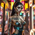 Katarina, a modern-day goddess with geometric tattoos that shimmer with metallic hues, wearing a sleek, futuristic outfit, standing in a neon-lit urban alley with holographic advertisements reflecting off her skin.