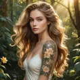 Quinn, a graceful figure with flowing hair and a serene expression, her skin adorned with delicate floral tattoos that bloom like a garden, standing in a tranquil forest bathed in golden sunlight.