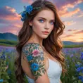 Katarina, a striking woman with mesmerizing blue eyes, adorned with intricate floral tattoos that cascade down her arms like blooming vines, standing amidst a field of vibrant wildflowers under a twilight sky.