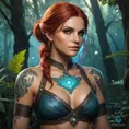 Triss Merigold, the enchanting sorceress from The Witcher 3, adorned with intricate magical tattoos that glow with arcane energy, standing in a mystical forest with bioluminescent plants, her red hair flowing like flames, and her eyes shimmering with ancient knowledge.