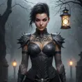 Vayne, the relentless tracker, her body marked with intricate, thorny tattoos that symbolize her relentless pursuit of justice, standing in a foggy graveyard with a lantern casting eerie light on her face.