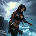 Tifa Lockhart with mystical, dragon-themed tattoos winding around her arms and chest, standing on a cliff overlooking a stormy sea, with lightning illuminating the sky.