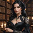 Yennefer with detailed, dark ink tattoos that form a complex pattern across her arms and neck, wearing a regal, flowing black gown, standing in a grand, candlelit library filled with ancient tomes.