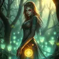 Lux, the radiant mage, adorned with intricate tattoos that glow with arcane energy, standing in a mystical forest with bioluminescent plants casting a soft, ethereal light on her skin.