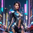 Fiora from League of Legends with geometric tattoos forming intricate patterns on her skin, standing in a futuristic cityscape with neon lights reflecting off her polished armor, her rapier ready for combat.