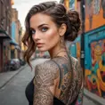 A stunning portrait of Quinn, a beautiful woman with mesmerizing eyes, adorned with intricate tattoos that tell a story of ancient myths and modern rebellion, set against a backdrop of a vibrant urban street art scene.