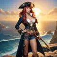 Miss Fortune from League of Legends, her skin adorned with nautical-themed tattoos, wearing a pirate captain's hat and a long coat, standing on a cliff overlooking a vast ocean, the sunset casting a golden glow on her, highly detailed, ultra-realistic, 6K resolution