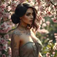 Samira, with delicate floral tattoos winding around her arms and neck, is portrayed in a tranquil garden. The flowers in her tattoos mirror the real blossoms around her, creating a harmonious blend of art and nature.