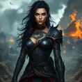 Yennefer with mystical, dragon-themed tattoos that wrap around her body, wearing a battle-worn, yet elegant armor, standing in a battlefield with a backdrop of a burning village, her expression fierce and determined.