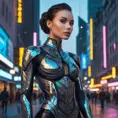 A stunning Vex with intricate geometric tattoos covering their metallic body, standing in a futuristic cityscape with neon lights reflecting off their surface.