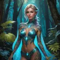 Lux, the radiant mage, adorned with intricate tattoos that glow with arcane energy, standing in a mystical forest with bioluminescent plants casting a soft, ethereal light on her skin.