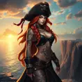 Miss Fortune from League of Legends, her skin adorned with nautical-themed tattoos, wearing a pirate captain's hat and a long coat, standing on a cliff overlooking a vast ocean, the sunset casting a golden glow on her, highly detailed, ultra-realistic, 6K resolution