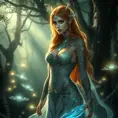 Lux, the radiant mage, adorned with intricate tattoos that glow with arcane energy, standing in a mystical forest with bioluminescent plants casting a soft, ethereal light on her skin.