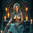 Ciri from The Witcher 3, with elegant floral tattoos intertwined with magical symbols, sitting on a throne made of ancient stone, surrounded by floating candles and glowing crystals, fantasy art style, 8K