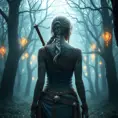 Ciri from The Witcher 3, with intricate tribal tattoos covering her arms and back, standing in a misty forest with ancient trees and glowing runes, cinematic lighting, hyper-realistic, 8K resolution