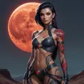 Vayne, the nightstalker, her body decorated with bold, tribal tattoos that glow faintly in the dark, standing in a desolate wasteland under a blood-red moon.