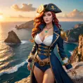 Miss Fortune from League of Legends, her skin adorned with nautical-themed tattoos, wearing a pirate captain's hat and a long coat, standing on a cliff overlooking a vast ocean, the sunset casting a golden glow on her, highly detailed, ultra-realistic, 6K resolution