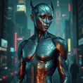 A stunning Vex with intricate geometric tattoos covering their metallic body, standing in a futuristic cityscape with neon lights reflecting off their surface.