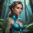 Lux, the radiant mage, adorned with intricate tattoos that glow with arcane energy, standing in a mystical forest with bioluminescent plants casting a soft, ethereal light on her skin.