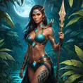 Nidalee, the warrior queen, with bold, geometric tattoos that symbolize her strength and connection to the wild, standing in a moonlit jungle with bioluminescent plants glowing around her, her spear held high.